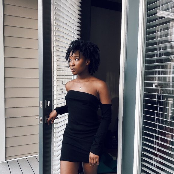 Black Long Sleeve Off-the Shoulder Short Dress - Picture 1 of 5